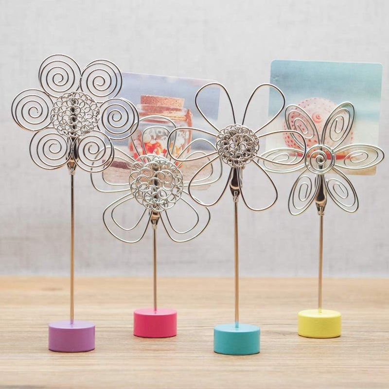 TFu 4 pcs Cute Flower Table Card Memo Holder Stand, Photo Clips Holder Desk Stand for Memo Paper Note Monmory Photo Christmas Wedding Number Card Display with Colorful Metal Base - Image 3